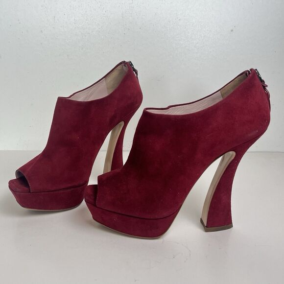 Miu Miu Peep Toe Platform Booties 7 37 Wine Red Suede Funky High Heels Statement - Picture 2 of 12